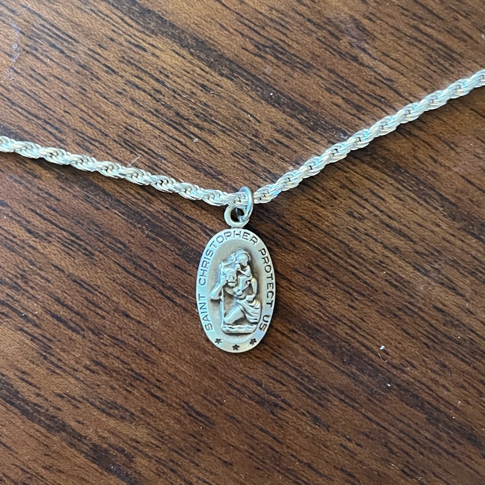 Sterling silver Saint Christopher rope chain necklace